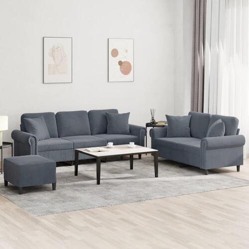 3 personers sofa med puder velour mørkegrå