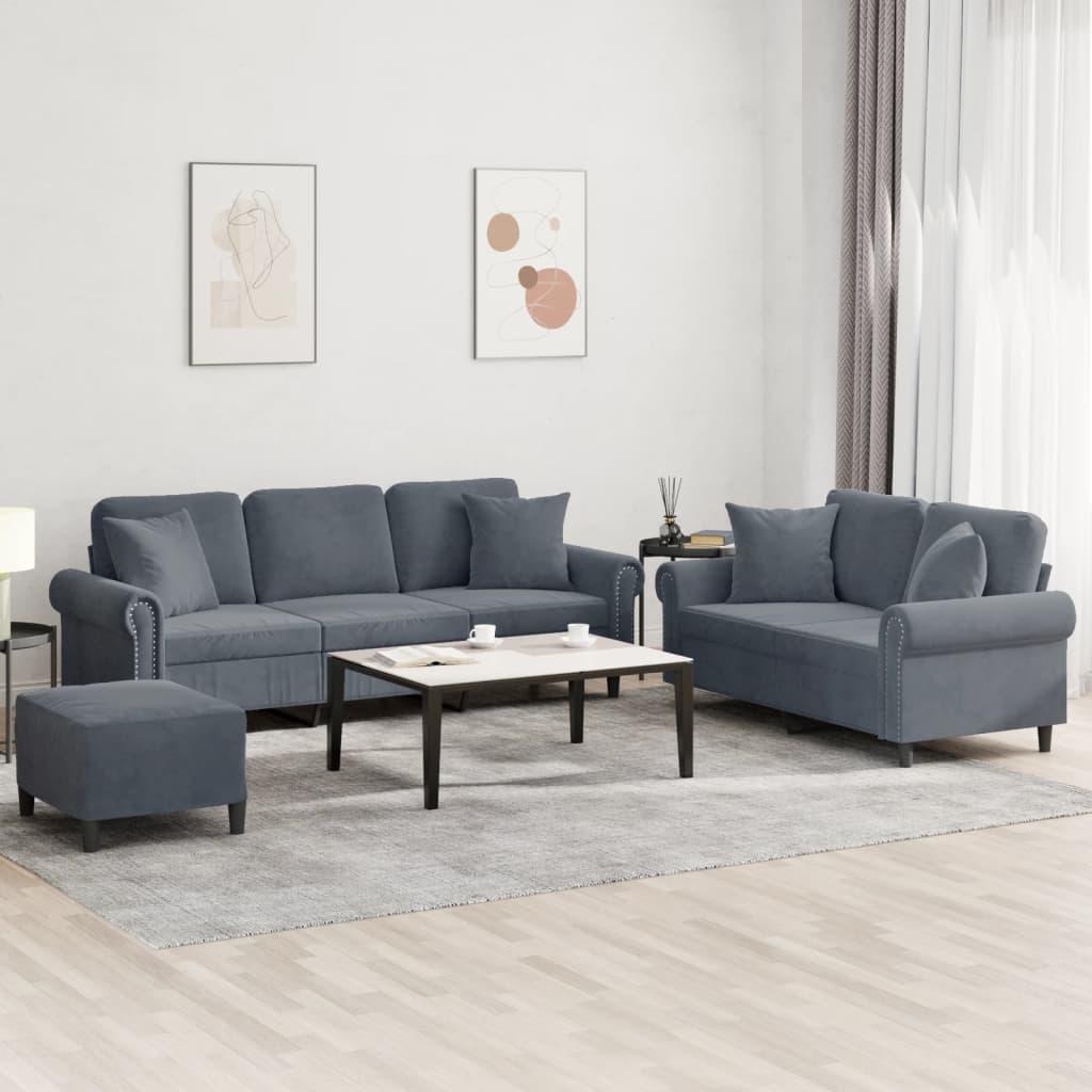 3 personers sofa med puder velour mørkegrå