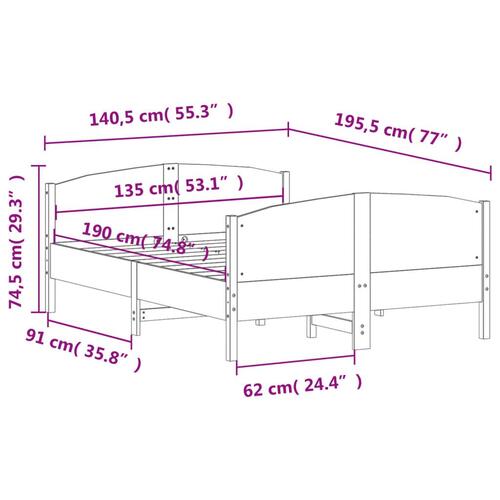 Sengeramme uden madras 135x190 cm massivt fyrretræ hvid