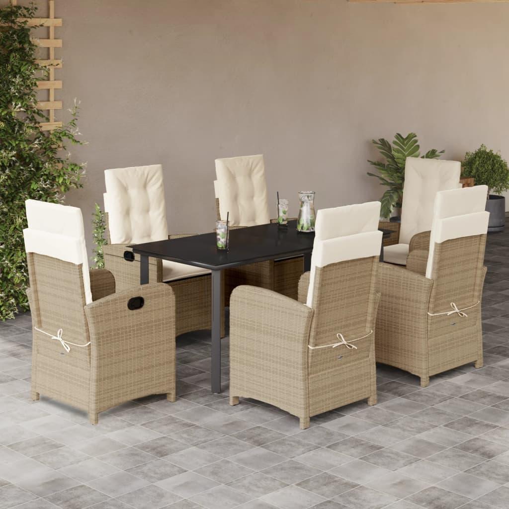 Spisebordssæt til haven 7 dele med hynder polyrattan beige