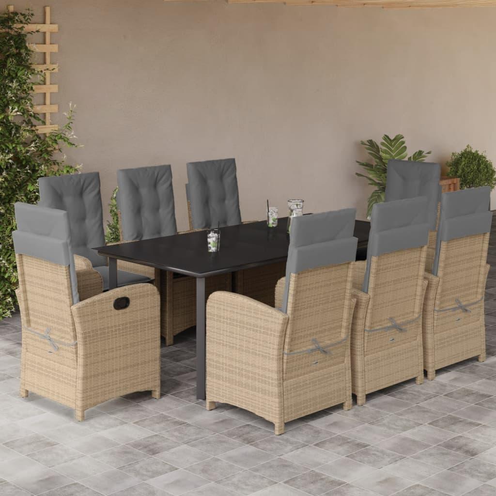 Spisebordssæt til haven 9 dele med hynder polyrattan beige