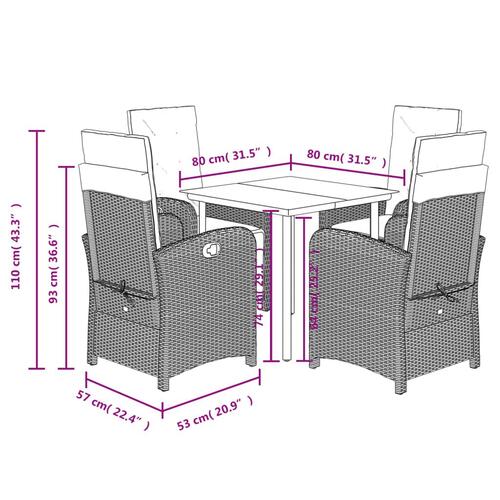 Spisebordssæt til haven 5 dele med hynder polyrattan beige