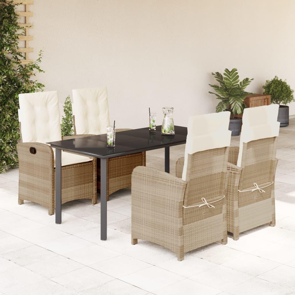 Spisebordssæt til haven 5 dele med hynder polyrattan beige
