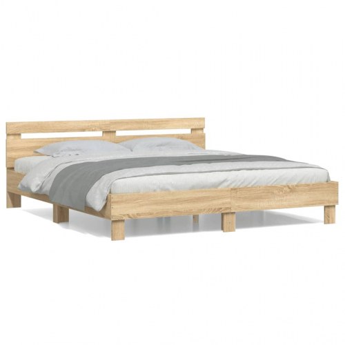 Sengeramme med sengegavl 180x200 cm - konstrueret træ i sonoma-eg