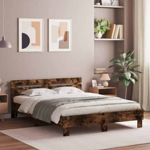 Sengeramme med sengegavl 150×200 cm - konstrueret træ, røget eg