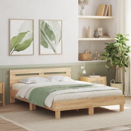 Sengeramme med gavl 140x200 cm - konstrueret træ i sonoma-eg