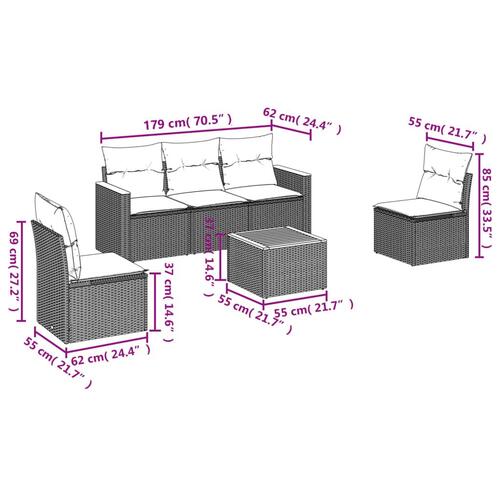 Sofasæt til haven 6 dele med hynder polyrattan sort