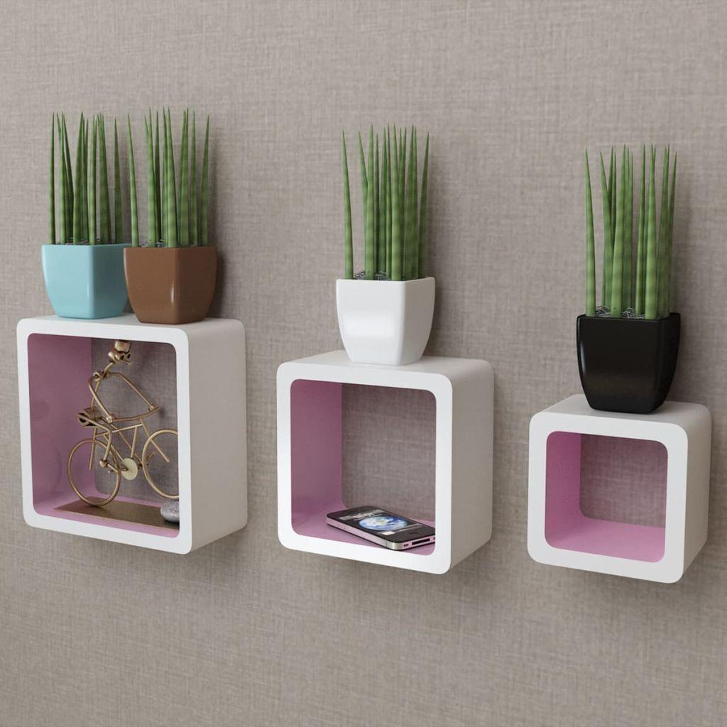 3 Hvid-pink MDF svævende vægdisplay kuber bog/DVD opbevaring
