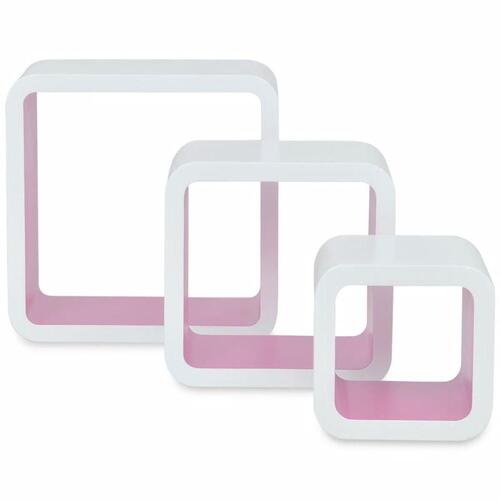 3 Hvid-pink MDF svævende vægdisplay kuber bog/DVD opbevaring