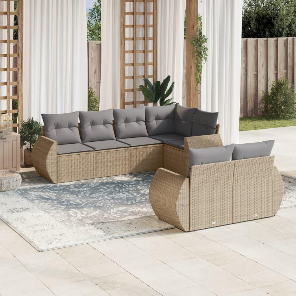 Sofasæt til haven i polyrattan - 7 dele med hynder, beige