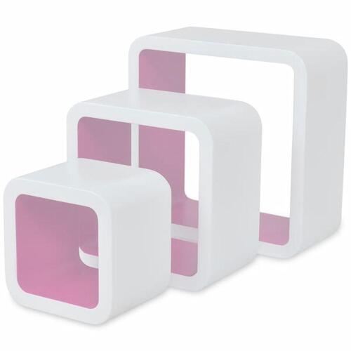 3 Hvid-pink MDF svævende vægdisplay kuber bog/DVD opbevaring