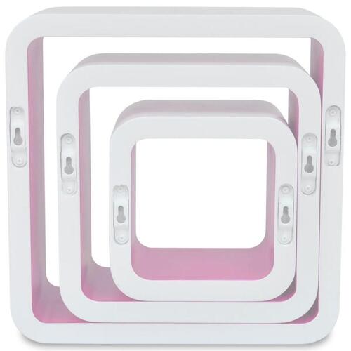 3 Hvid-pink MDF svævende vægdisplay kuber bog/DVD opbevaring