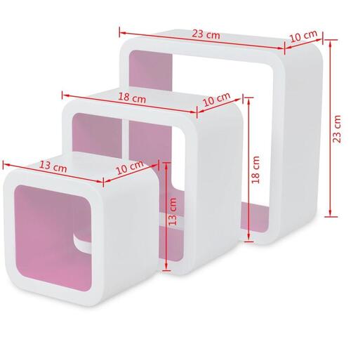 3 Hvid-pink MDF svævende vægdisplay kuber bog/DVD opbevaring