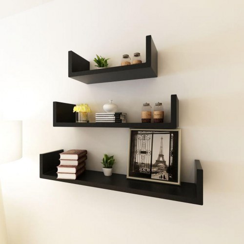 Væghylder 3 stk. i U-facon - sort MDF