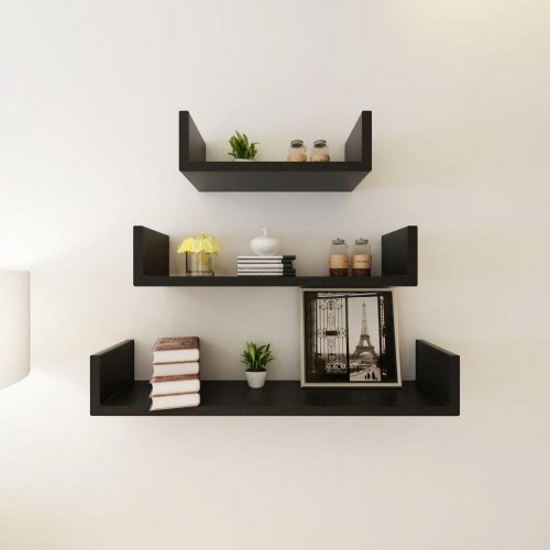 Væghylder 3 stk. i U-facon - sort MDF