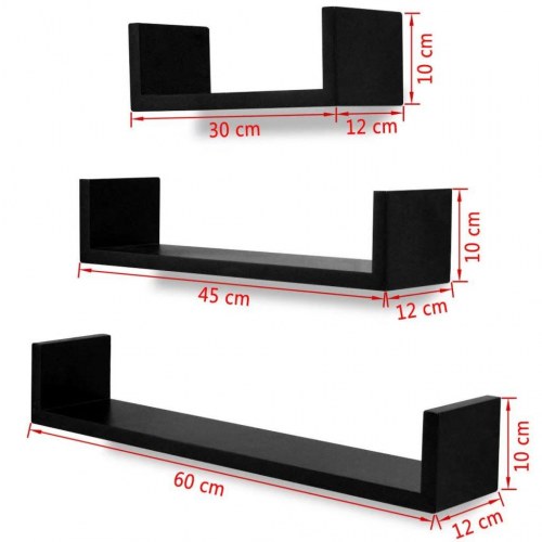 Væghylder 3 stk. i U-facon - sort MDF