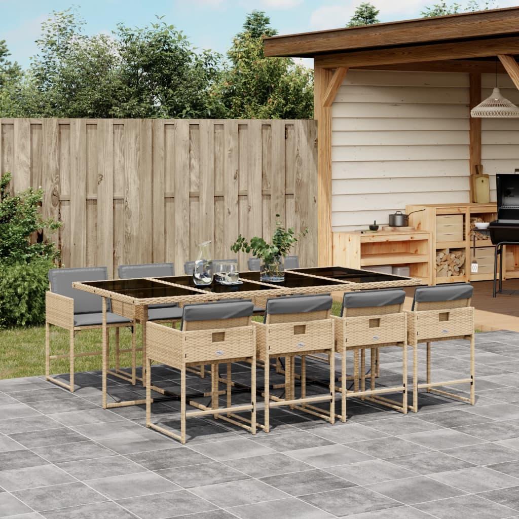 Spisebordssæt til haven 9 dele med hynder polyrattan beige