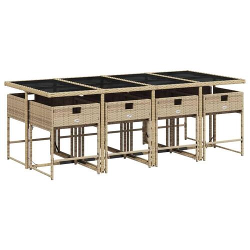 Spisebordssæt til haven 9 dele med hynder polyrattan beige