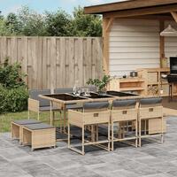 Spisebordssæt til haven 11 dele med hynder polyrattan beige