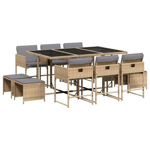 Spisebordssæt til haven 11 dele med hynder polyrattan beige