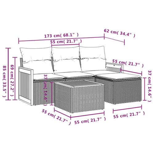 Sofasæt 5 dele med hynder polyrattan grå