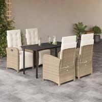 Spisebordssæt til haven 5 dele med hynder polyrattan beige