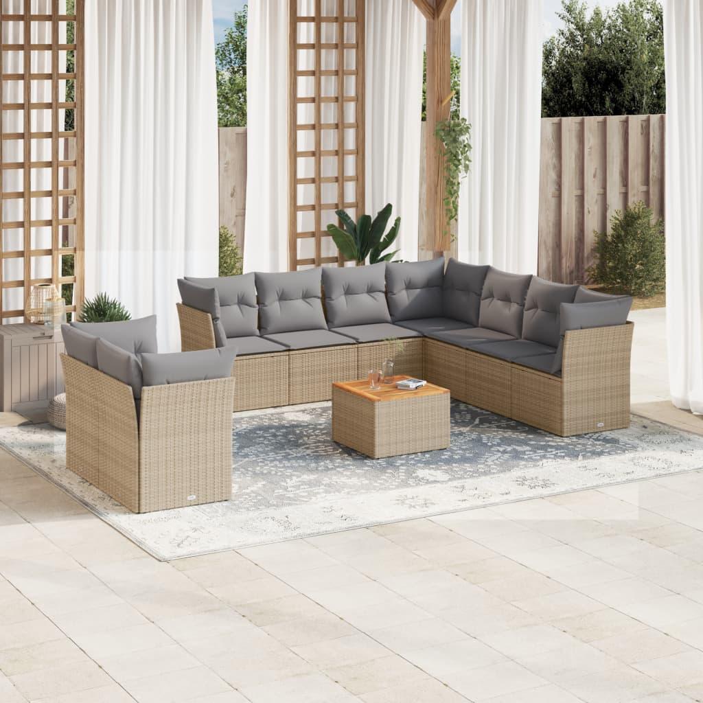 Havesofasæt 11 dele med hynder polyrattan beige