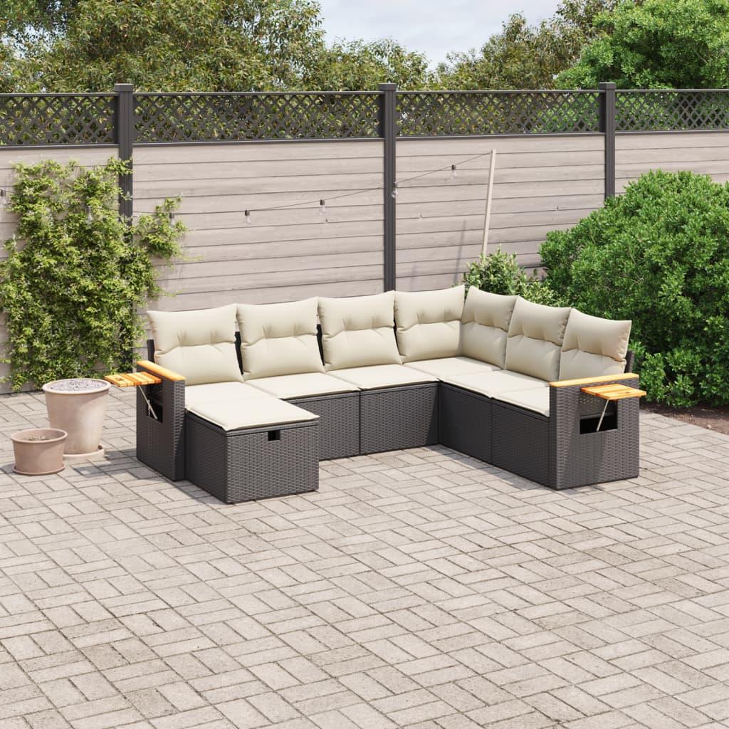 Havesofasæt i polyrattan, 7 dele med hynder - sort