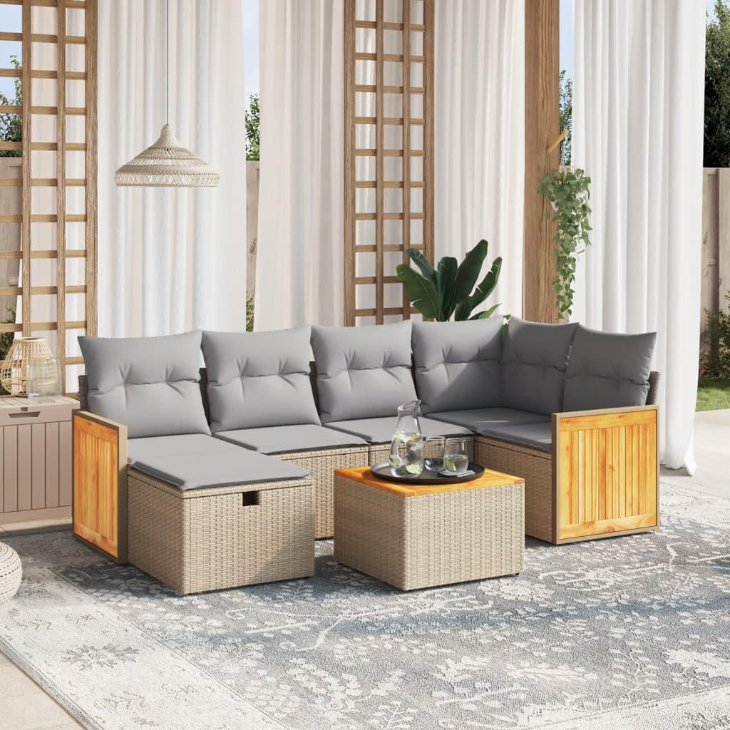 Havesofasæt 7 dele med hynder polyrattan beige