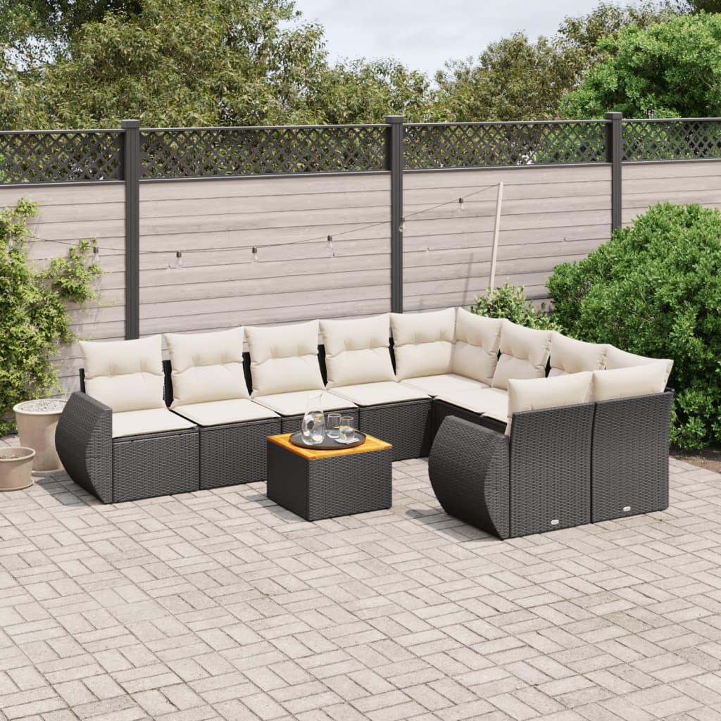 Sofasæt til haven i polyrattan - 10 dele med hynder, sort