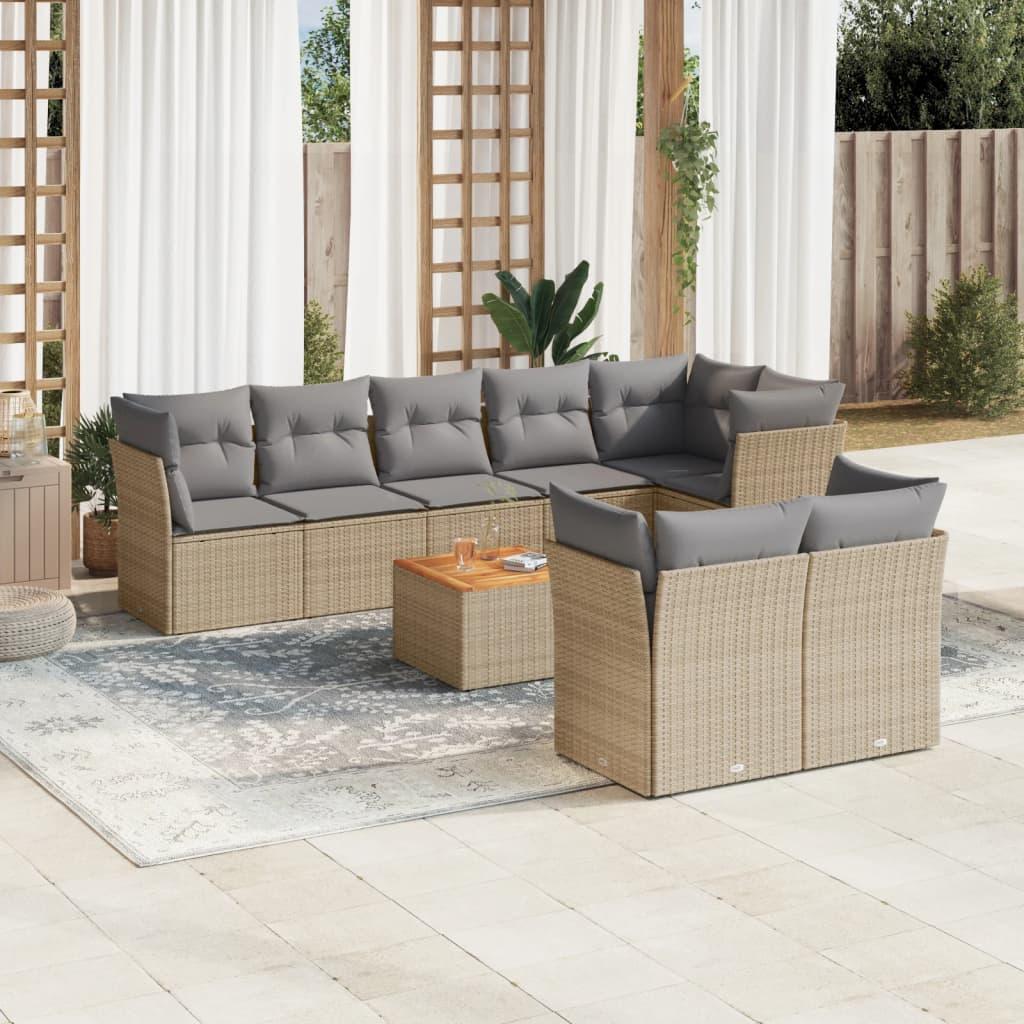 Spisebordssæt til haven 9 dele med hynder polyrattan beige