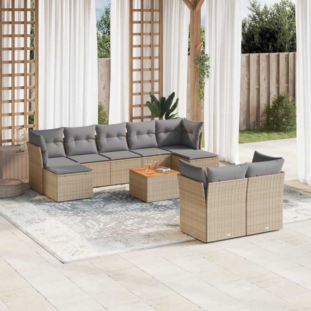 Havesofasæt 10 dele med hynder polyrattan beige