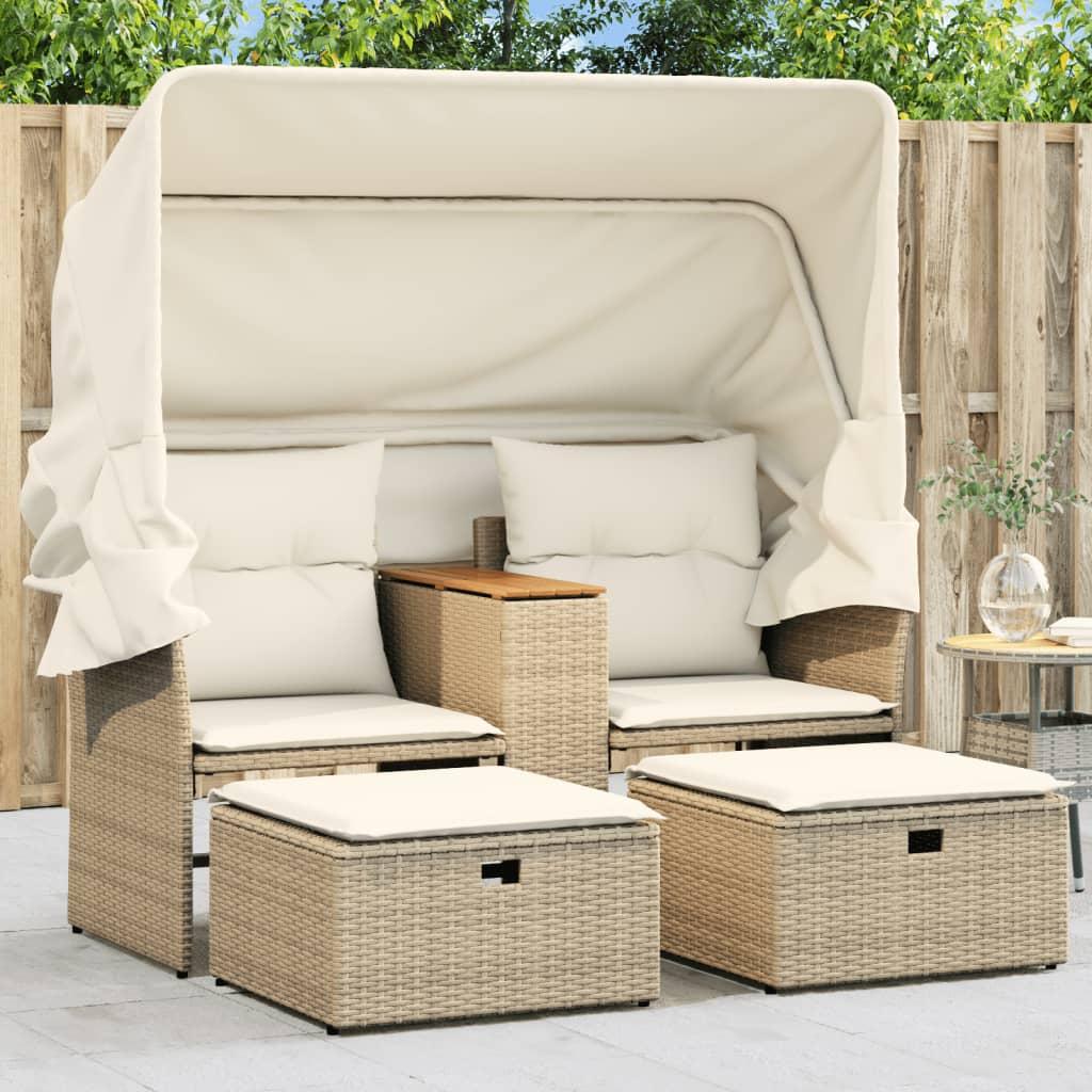 2-personers havesofa med baldakin og skamler polyrattan beige