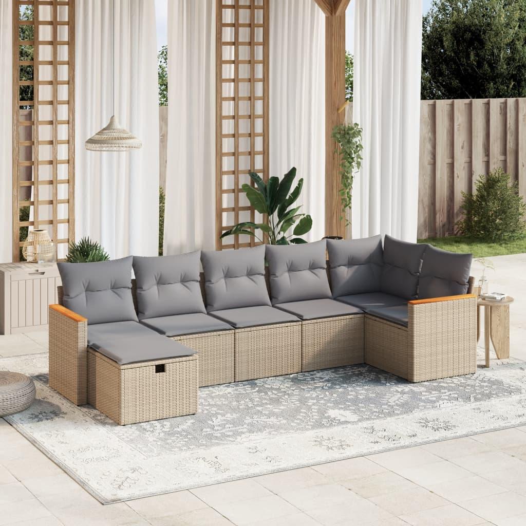 Havesofasæt 7 dele med hynder polyrattan beige