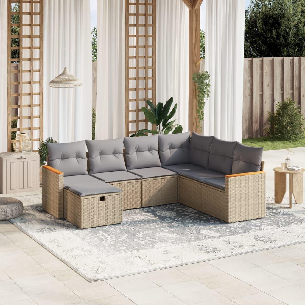 Havesofasæt 7 dele med hynder polyrattan beige