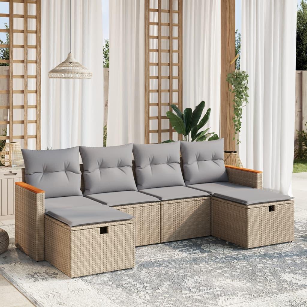 Havesofasæt 6 dele med hynder polyrattan beige