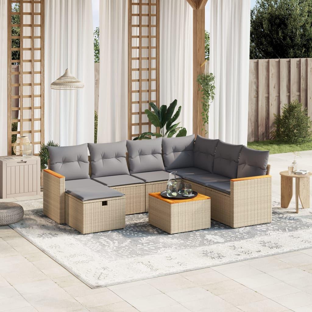 Havesofasæt 8 dele med hynder polyrattan beige