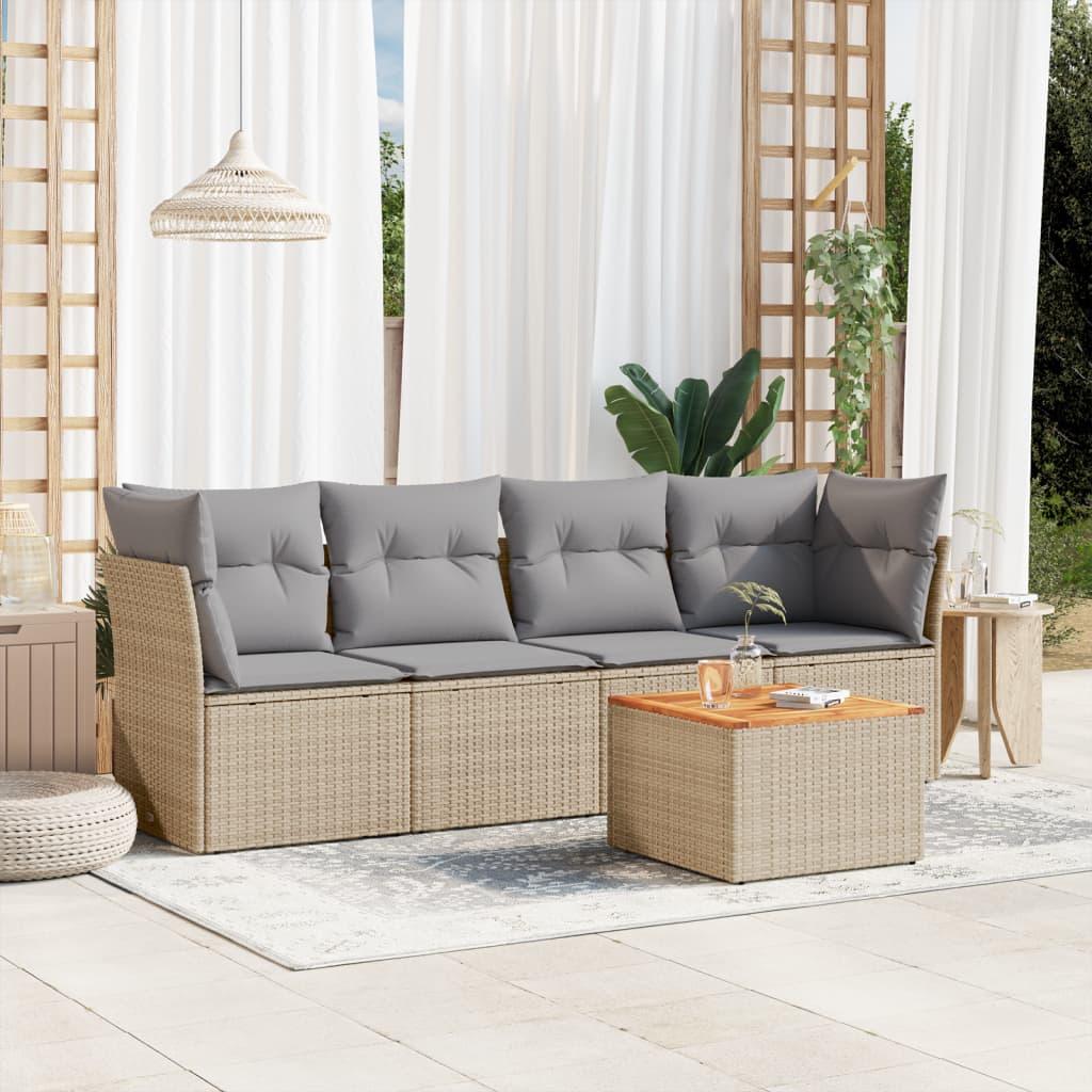 Havesofasæt 5 dele med hynder polyrattan beige