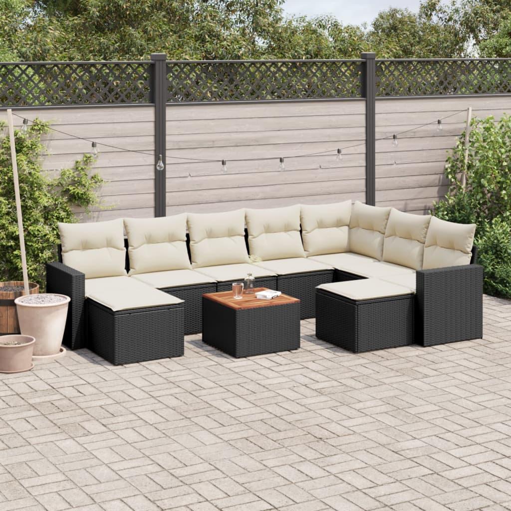 Sofasæt til haven 10 dele med hynder i polyrattan sort og creme