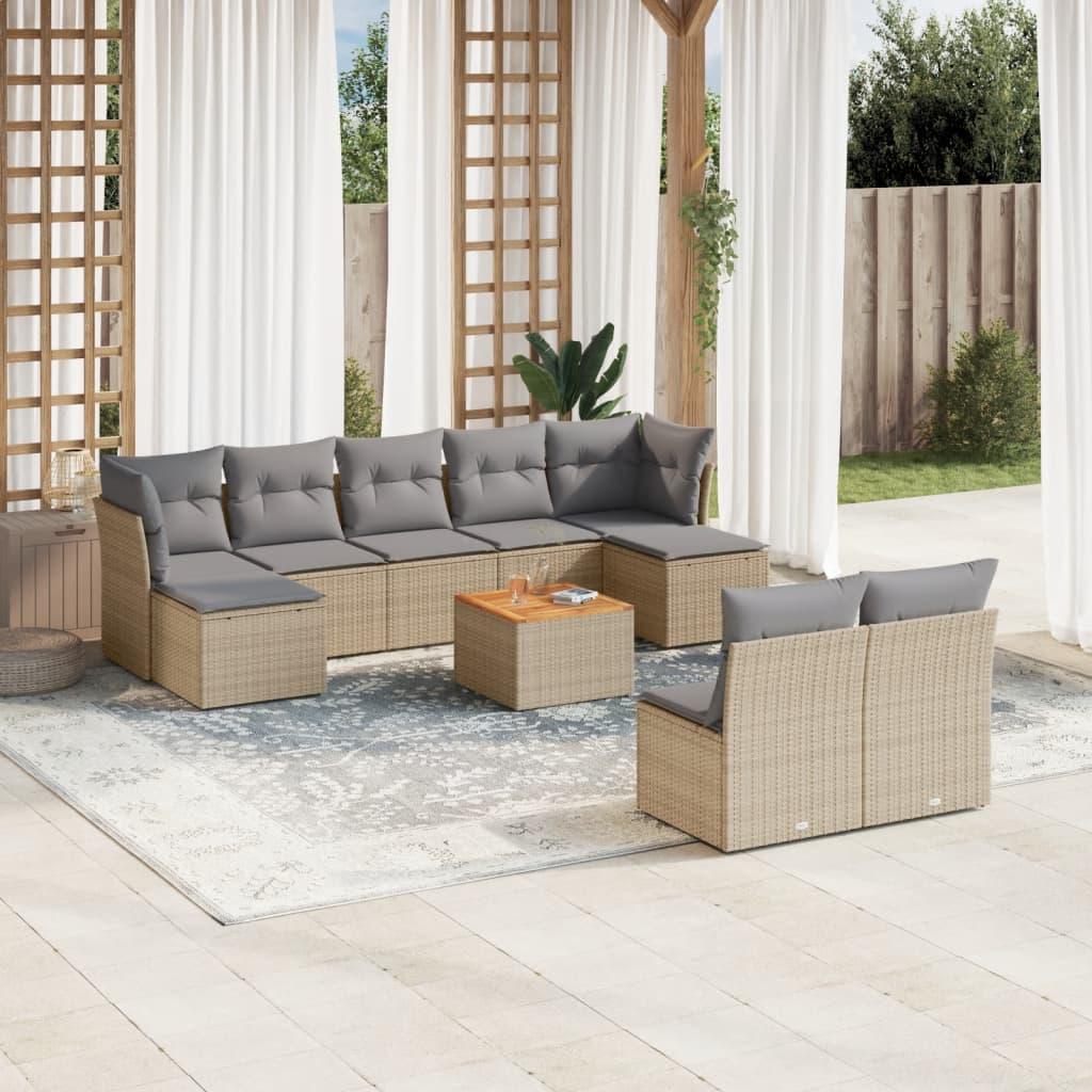 Sofasæt til haven i polyrattan - 10 dele med hynder, beige