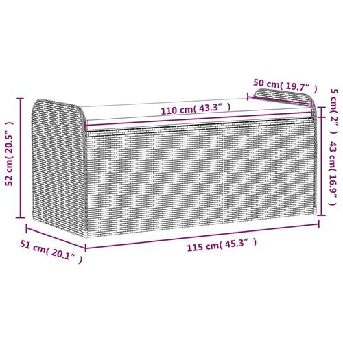 Opbevaringsbænk med hynde 115x51x52 cm polyrattan brun