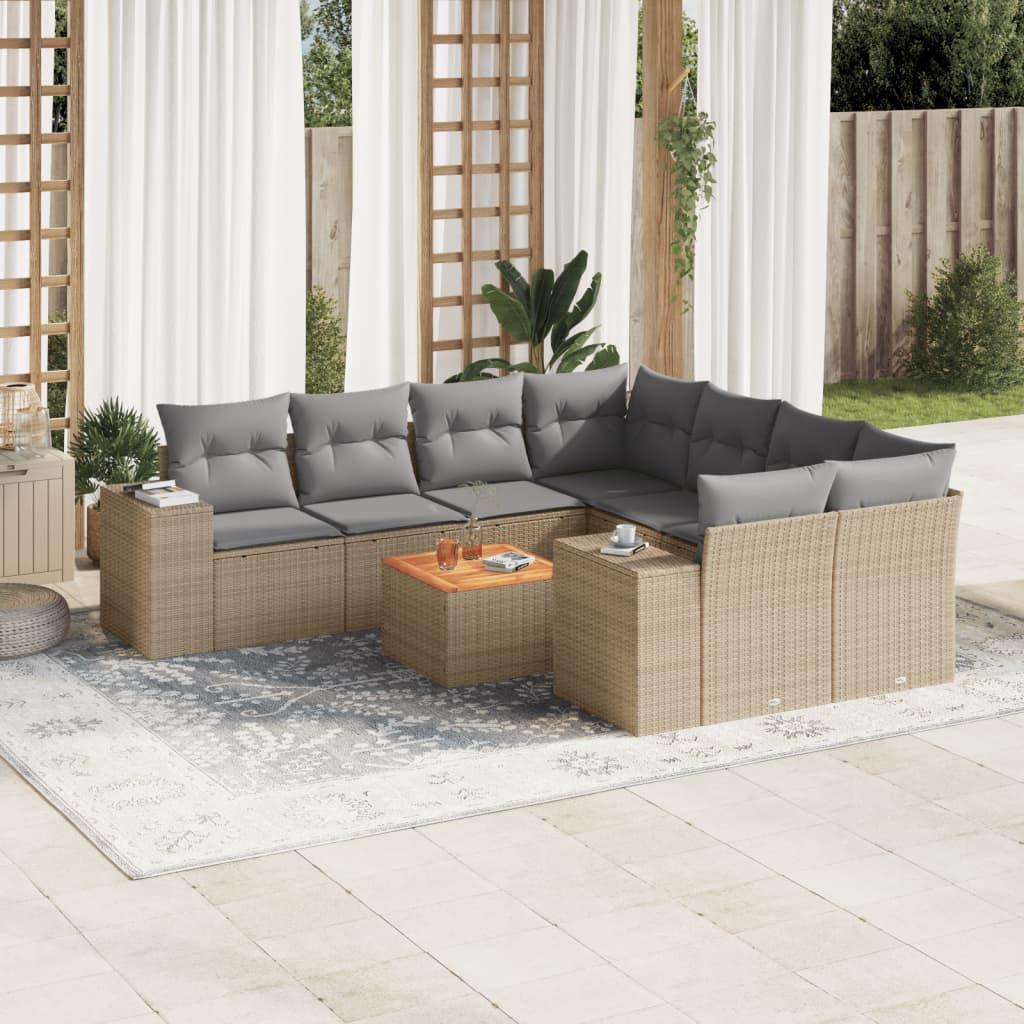 Sofasæt til haven i polyrattan - 9 dele med hynder, beige