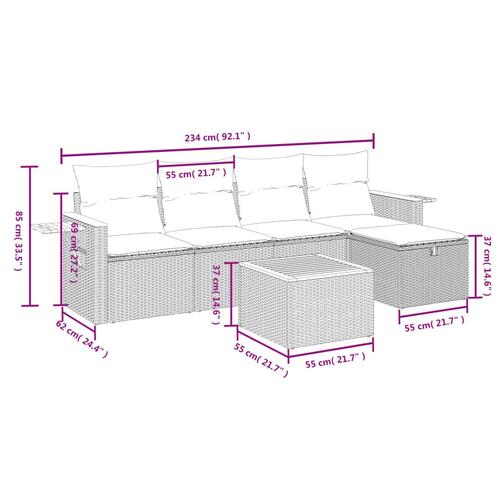 Havesofasæt 6 dele med hynder polyrattan beige