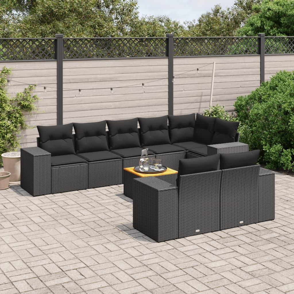 Sofasæt til haven i polyrattan - 9 dele med hynder, sort