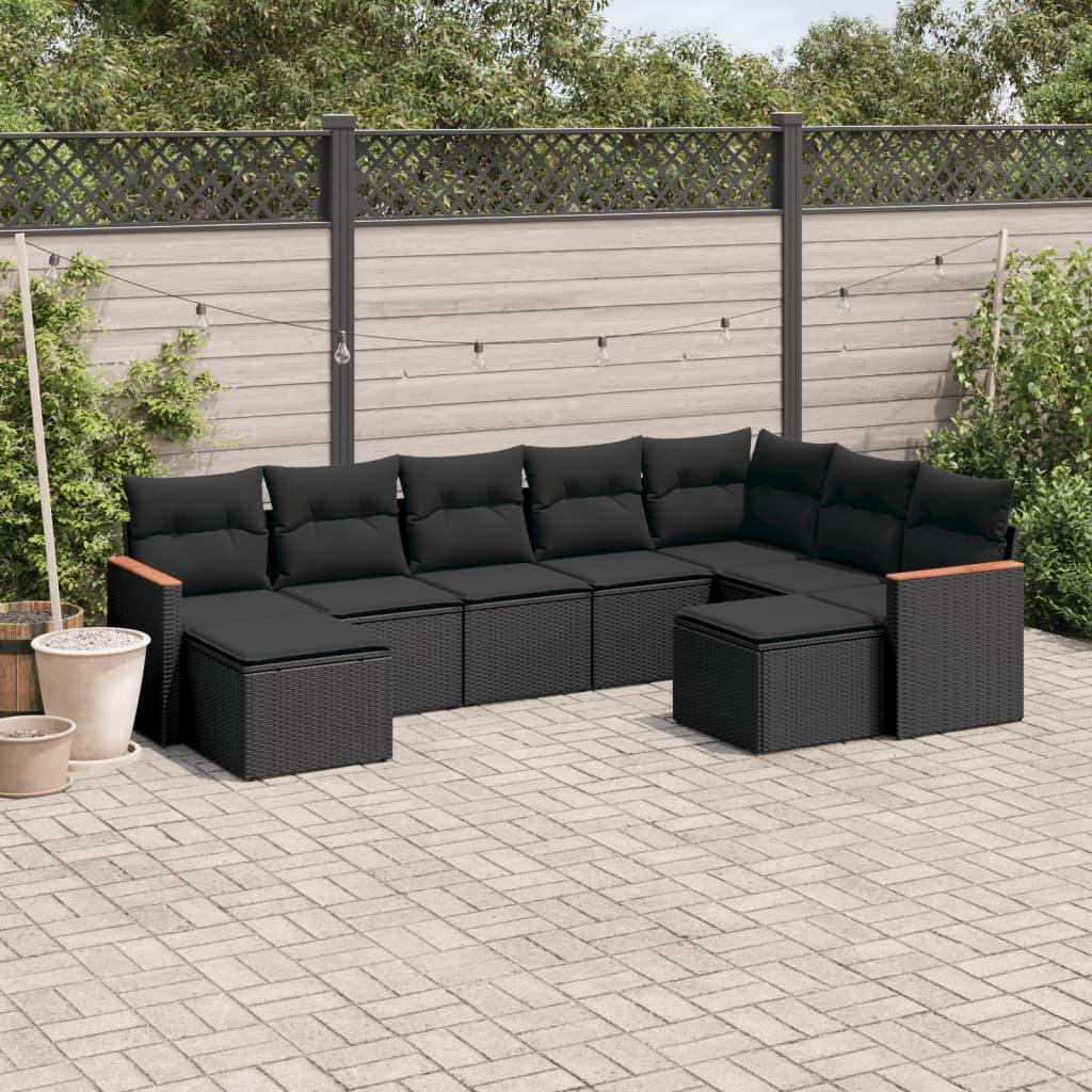Sofasæt til haven i polyrattan - 9 dele med hynder, sort billede