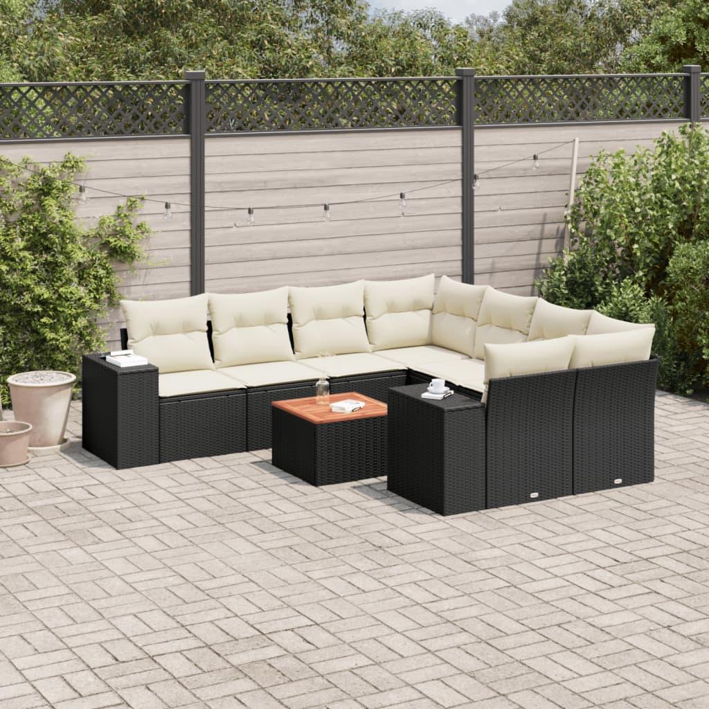 Sofasæt til haven i polyrattan - 9 dele med hynder, sort