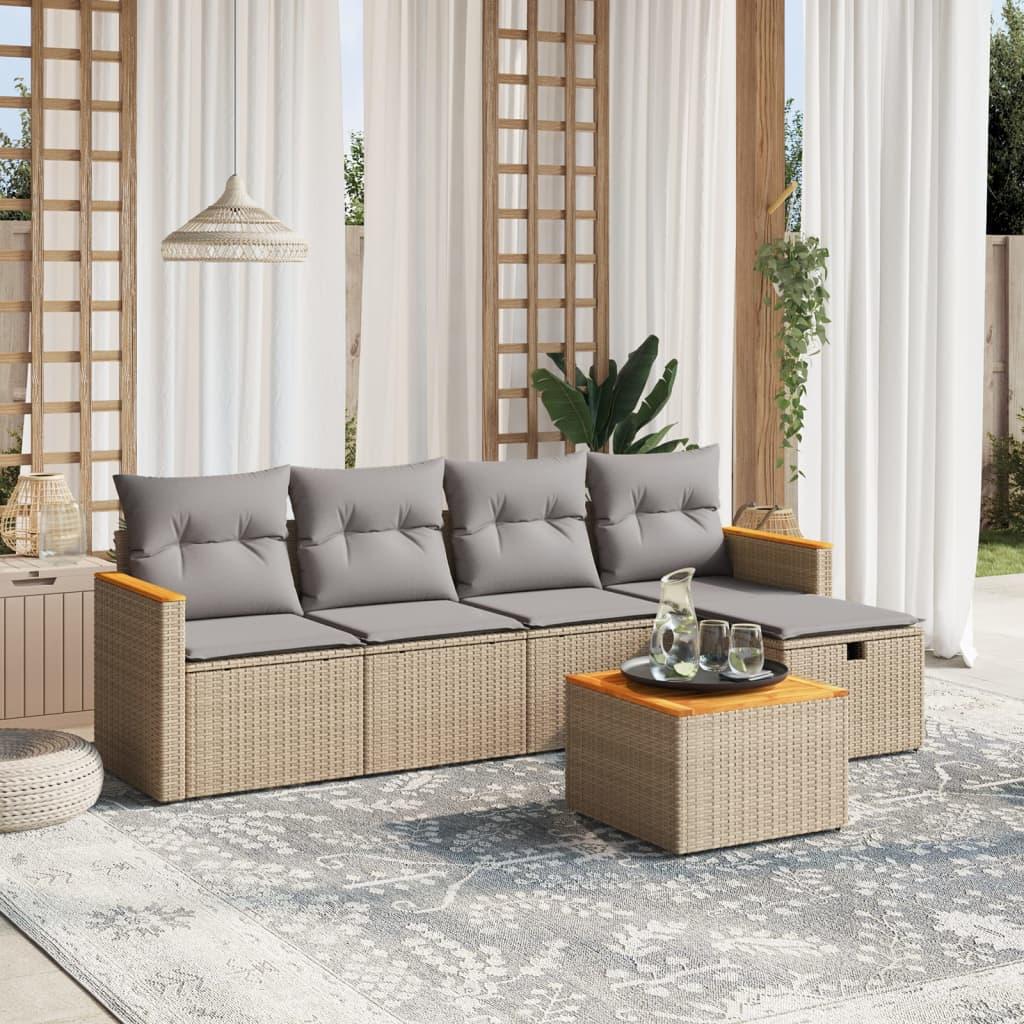 Havesofasæt 6 dele med hynder polyrattan beige