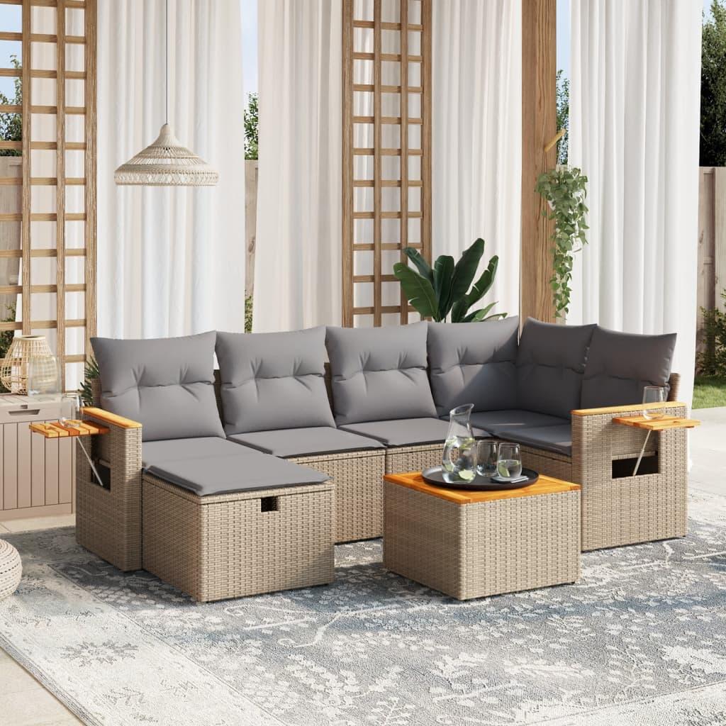 Havesofasæt 7 dele med hynder polyrattan beige