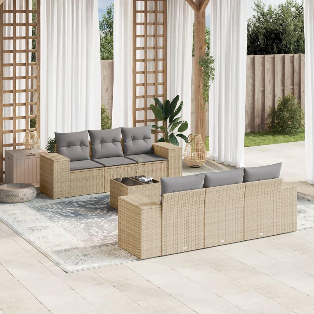 Havesofasæt i polyrattan - 7 dele med hynder, beige billede