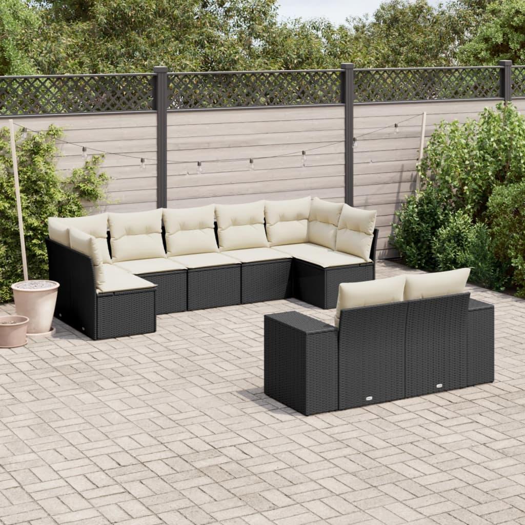 Sofasæt til haven i polyrattan - 9 dele med hynder, sort